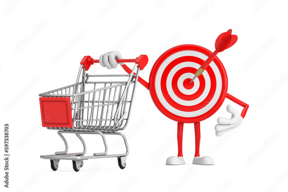 Poster archery target and dart in center cartoon person character mascot with shopping cart trolley. 3d ren