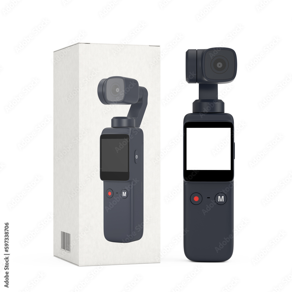 Aufkleber pocket handheld gimbal action camera with white cardboard package box. 3d rendering