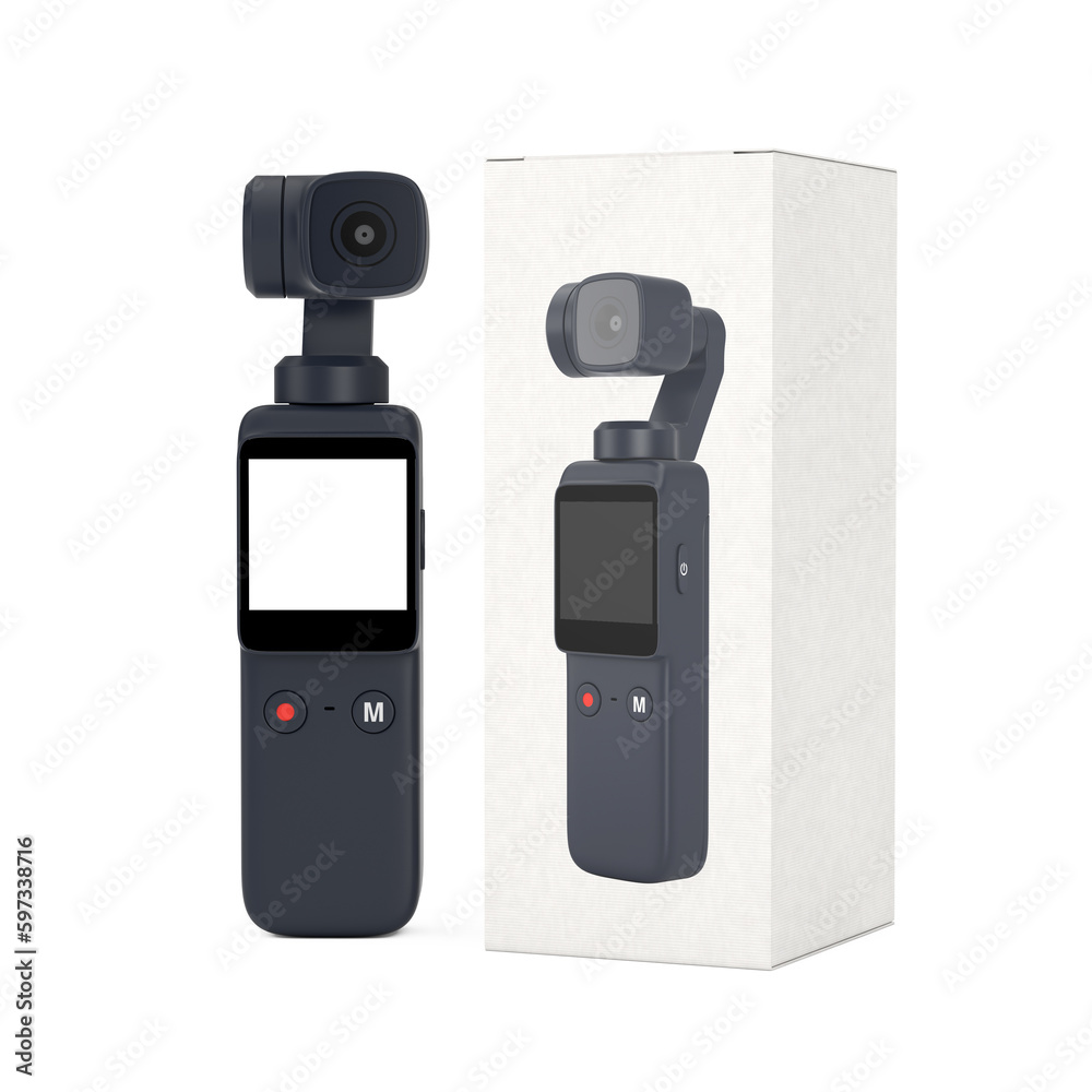 Aufkleber pocket handheld gimbal action camera with white cardboard package box. 3d rendering