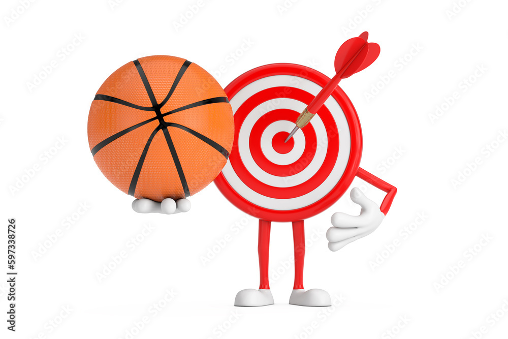 Poster Archery Target and Dart in Center Cartoon Person Character Mascot with Basketball Ball. 3d Rendering