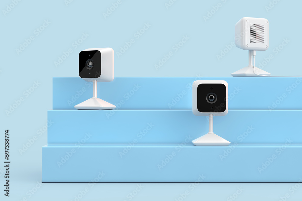 Poster white modern web cameras on a blue product presentation podium cube. 3d rendering
