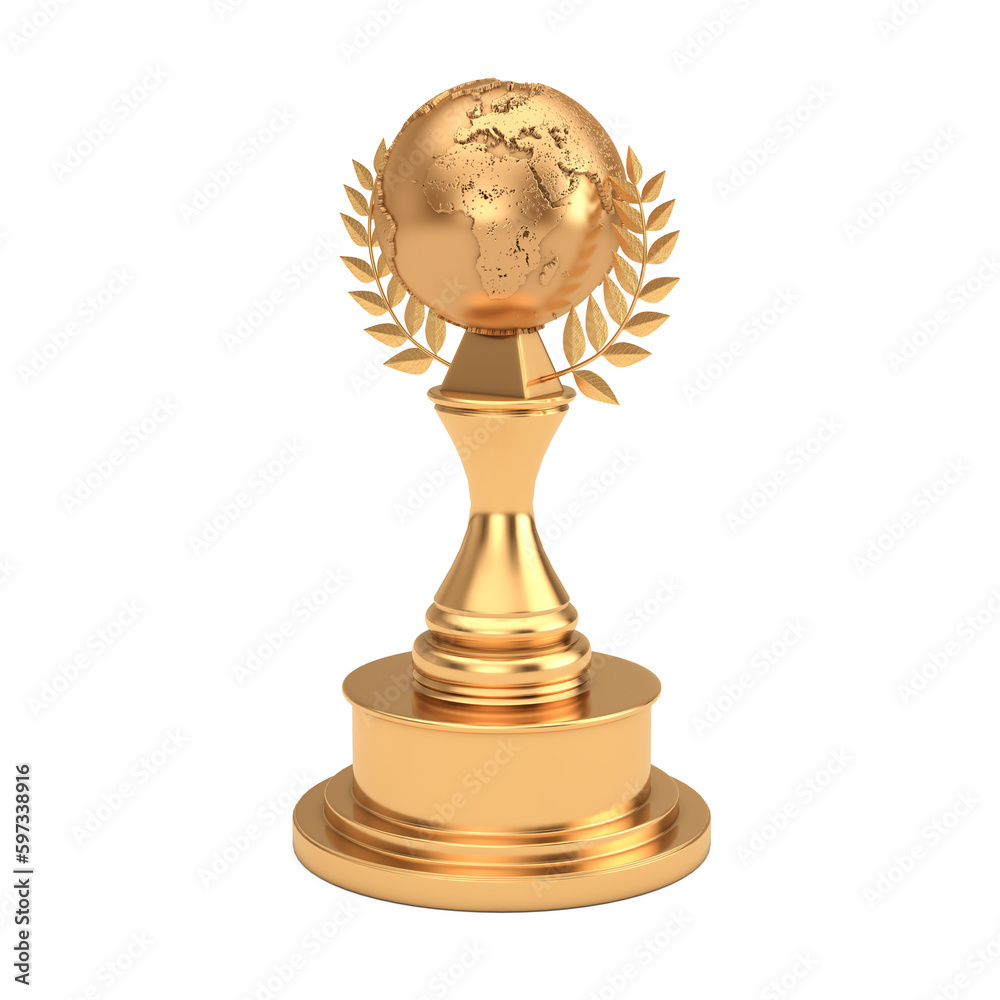Poster golden award trophy with golden earth globe and laurel wreath. 3d rendering