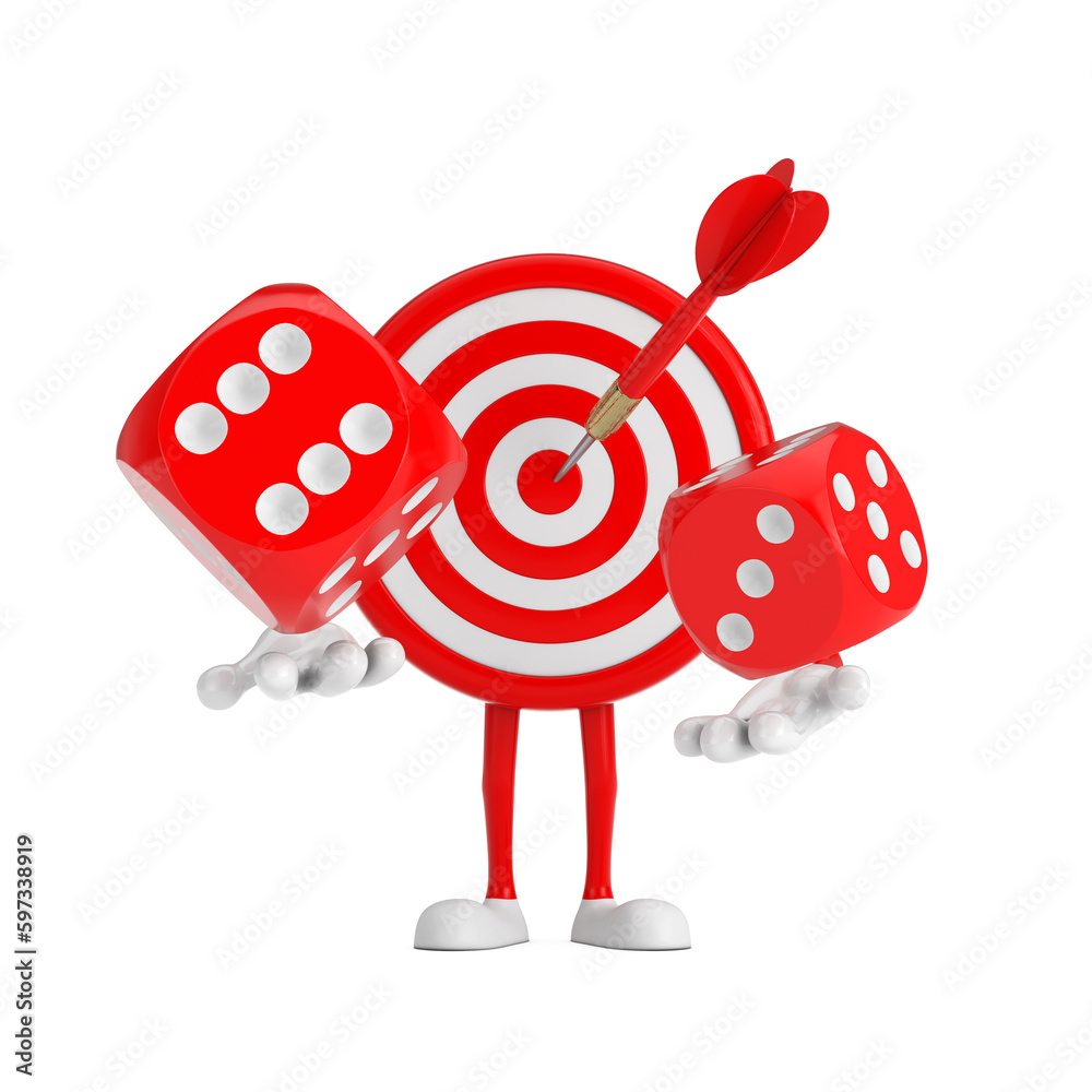 Fototapete archery target and dart in center cartoon person character mascot with red game dice cubes in flight