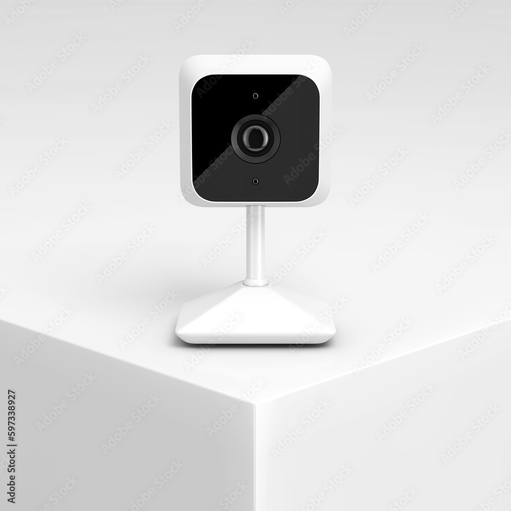 Poster white modern web camera on a white product presentation podium cube. 3d rendering