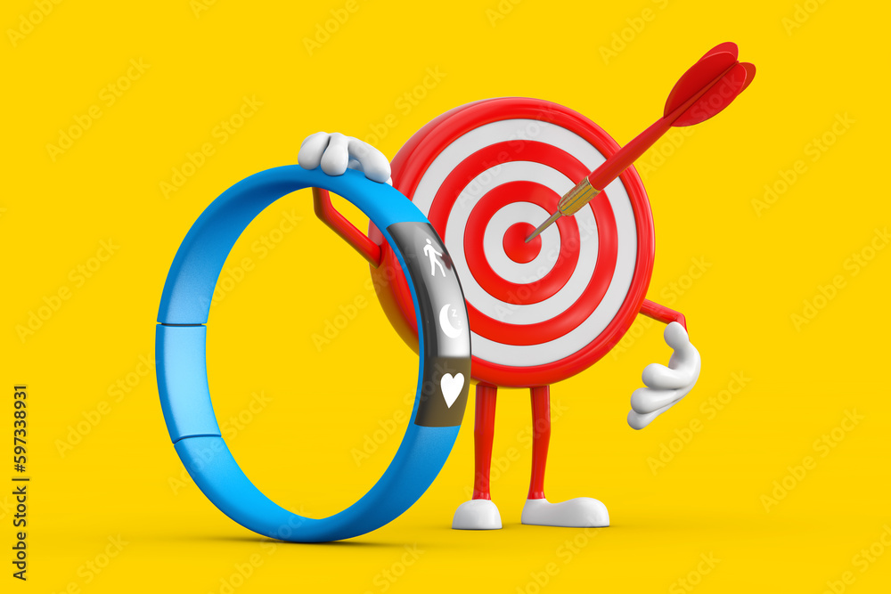 Poster archery target and dart in center cartoon person character mascot with blue fitness tracker. 3d rend