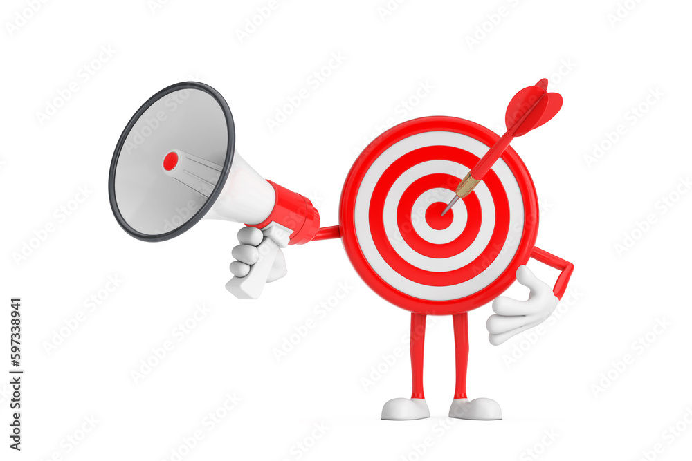 Fototapete archery target and dart in center cartoon person character mascot with red retro megaphone. 3d rende