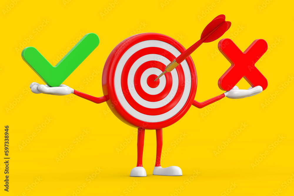 Aufkleber archery target and dart in center cartoon person character mascot with red cross and green check mar