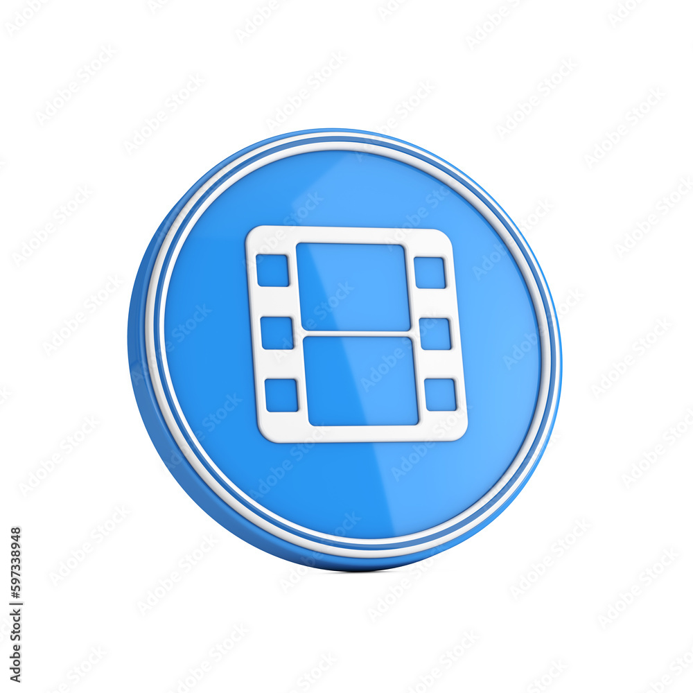 Poster Simple Film Icon in Blue Circle Button. 3d Rendering