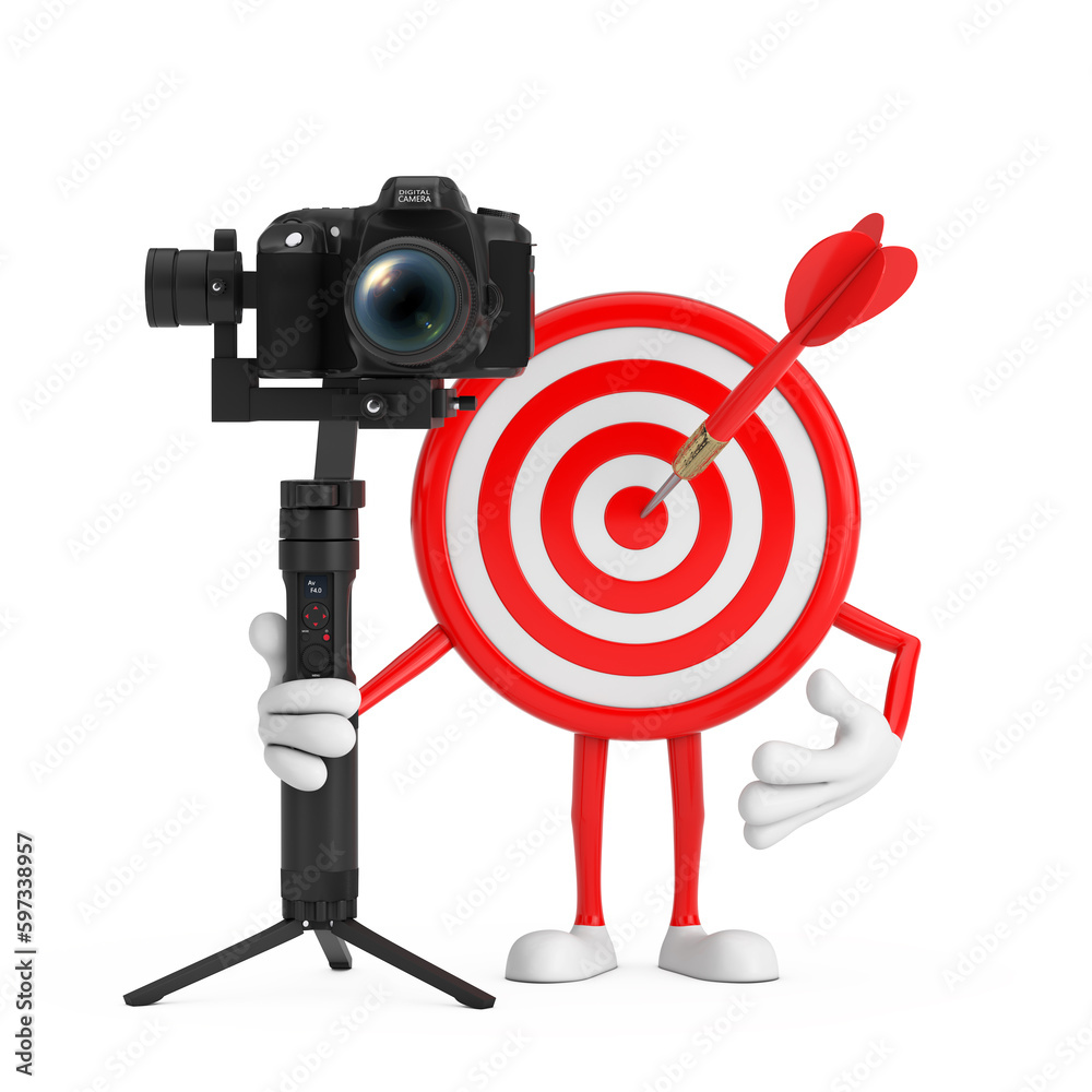 Aufkleber archery target and dart in center cartoon person character mascot with dslr or video camera gimbal s