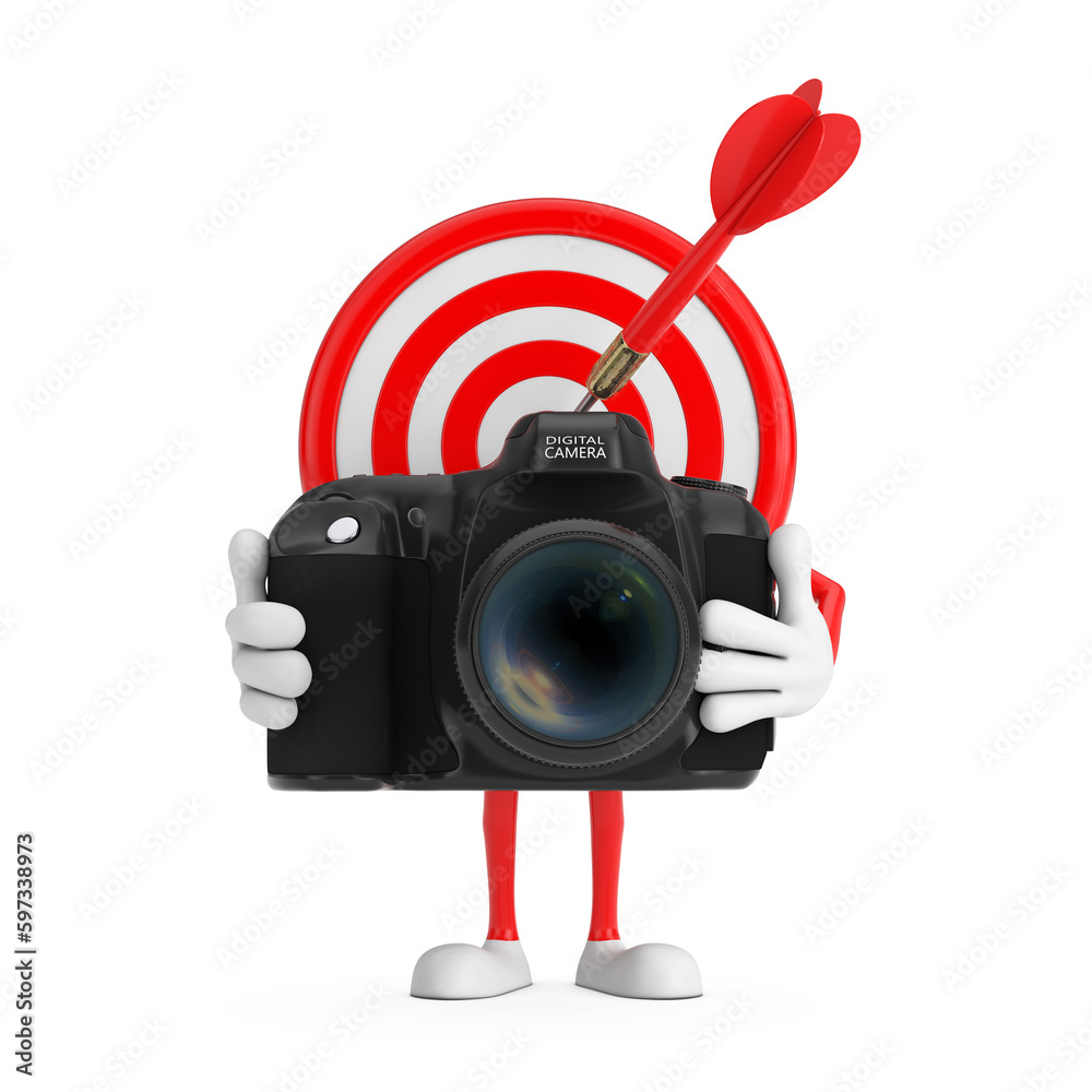 Poster archery target and dart in center cartoon person character mascot with modern digital photo camera. 