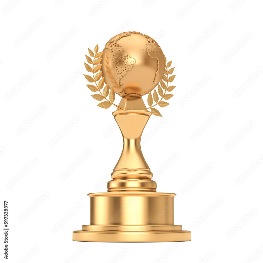 Aufkleber golden award trophy with golden earth globe and laurel wreath. 3d rendering