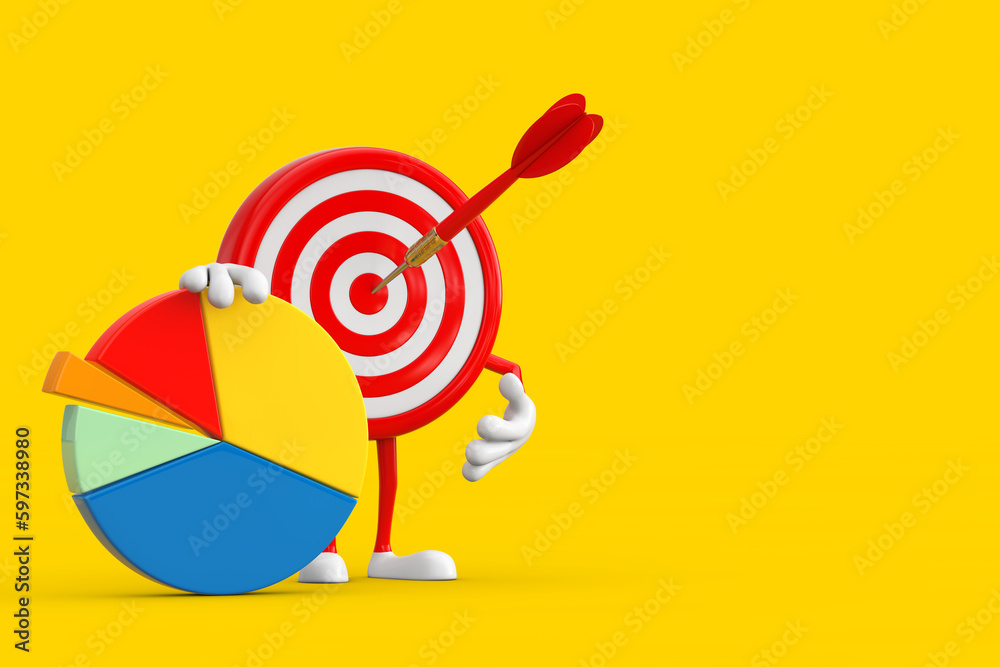 Fototapete Archery Target and Dart in Center Cartoon Person Character Mascot with Info Graphics Business Pie Chart. 3d Rendering