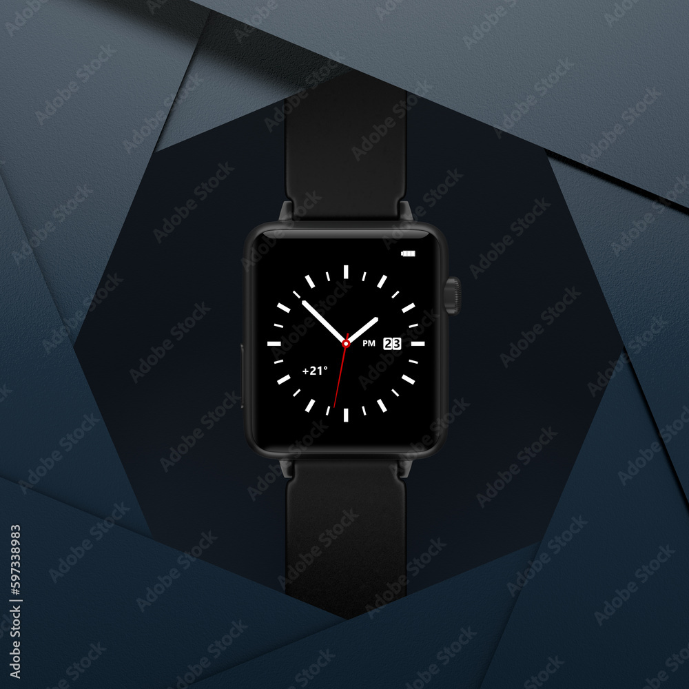 Poster opened camera lens diaphragm aperture blades with modern smart watch. 3d rendering