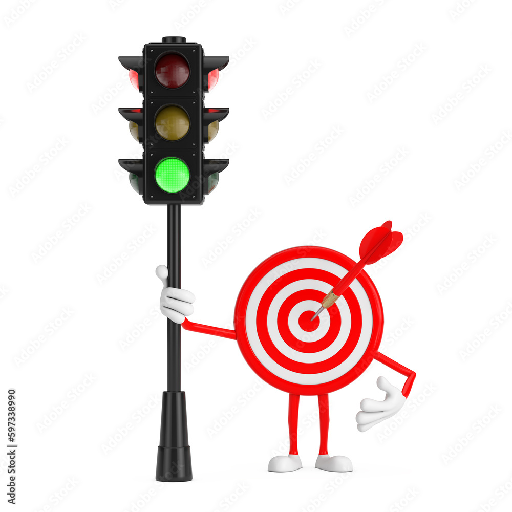 Aufkleber archery target and dart in center cartoon person character mascot with traffic green light. 3d rende