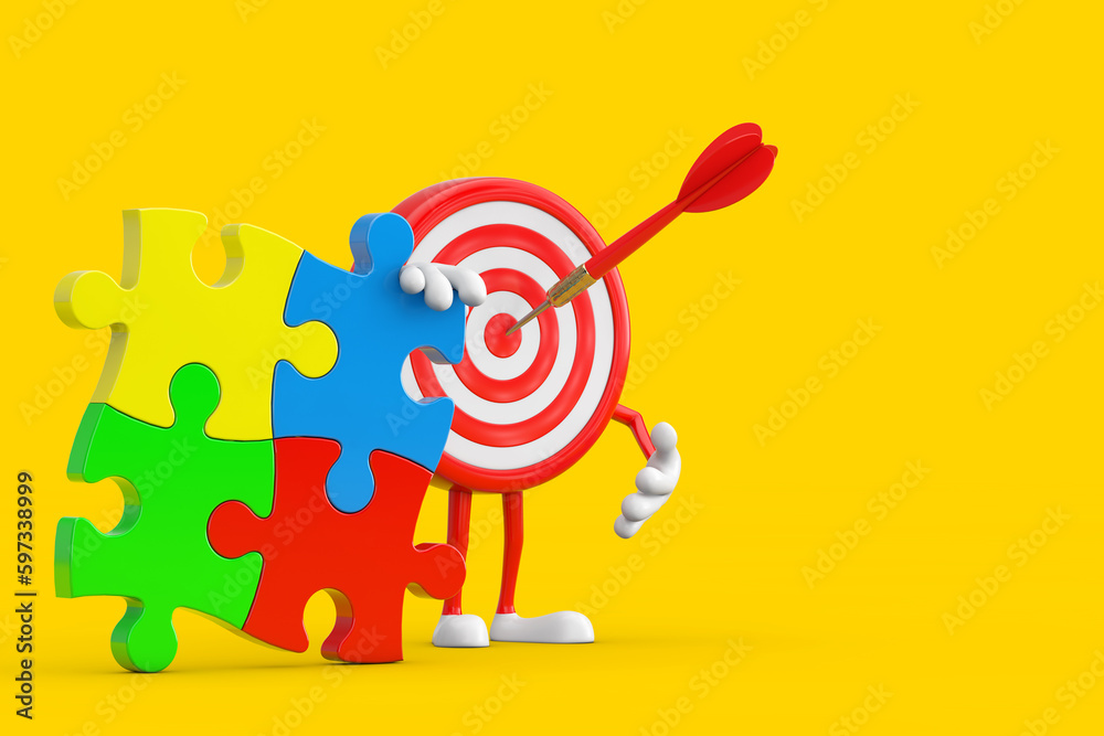 Leinwandbilder Archery Target and Dart in Center Cartoon Person Character Mascot with Four Pieces of Colorful Jigsaw Puzzle. 3d Rendering