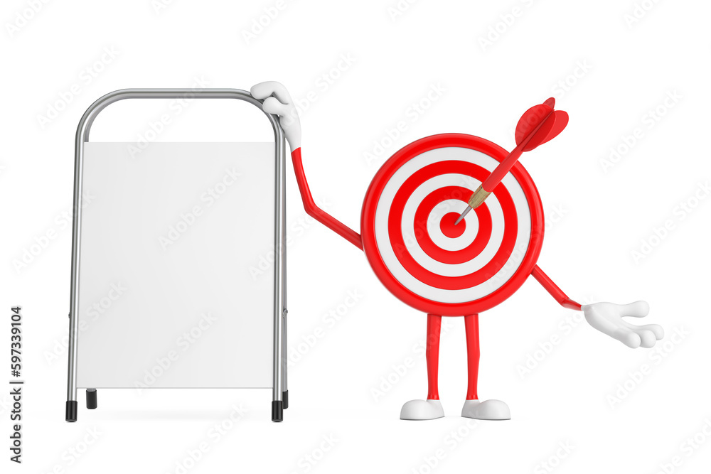 Aufkleber archery target and dart in center cartoon person character mascot with white blank advertising promo