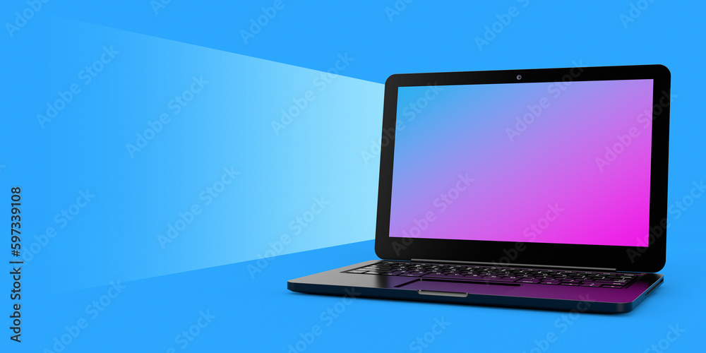 Poster modern laptop mockup with blank space for your design in shape of watch screen light. 3d rendering