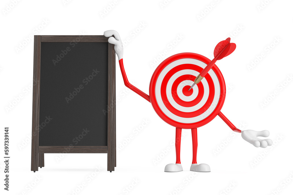 Aufkleber Archery Target and Dart in Center Cartoon Person Character Mascot with Blank Wooden Menu Blackboards Outdoor Display. 3d Rendering