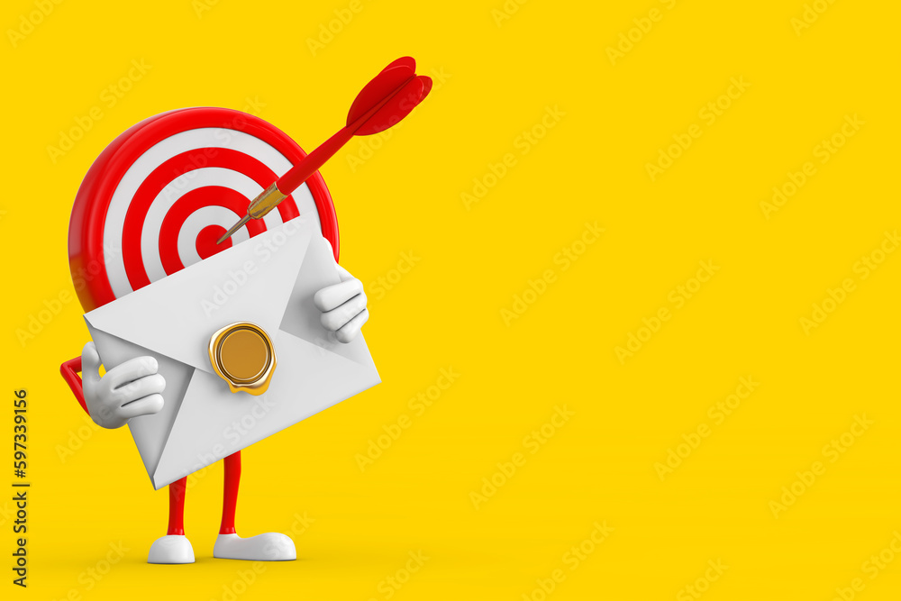 Aufkleber Archery Target and Dart in Center Cartoon Person Character Mascot with White Blank Envelope. 3d Rendering