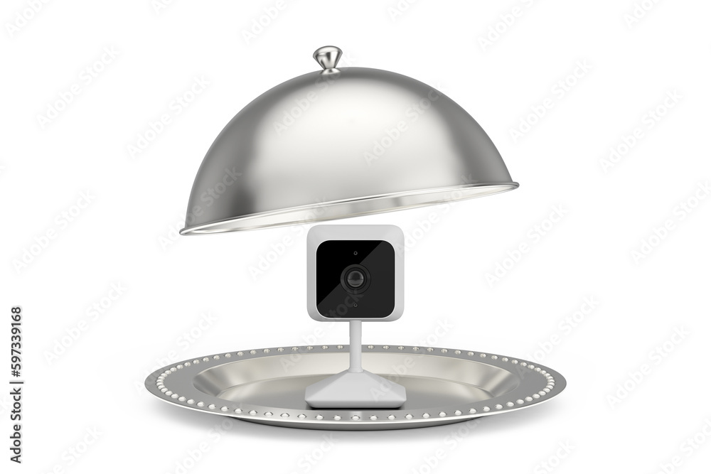 Poster silver restaurant cloche with white modern web camera . 3d rendering