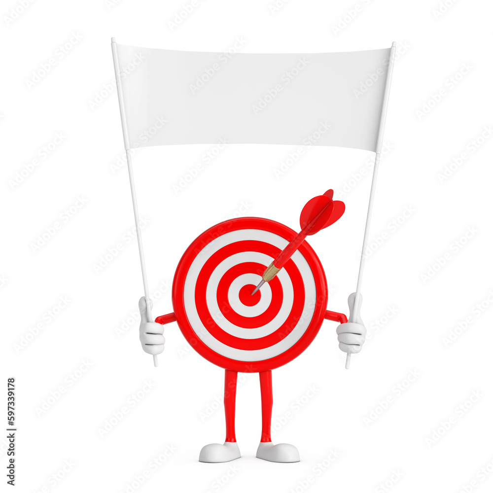 Fototapete archery target and dart in center cartoon person character mascot and empty white blank banner with 