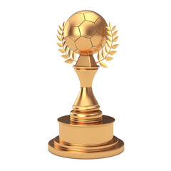 Golden Award Trophy with Golden Football Soccer Ball and Laurel Wreath. 3d Rendering