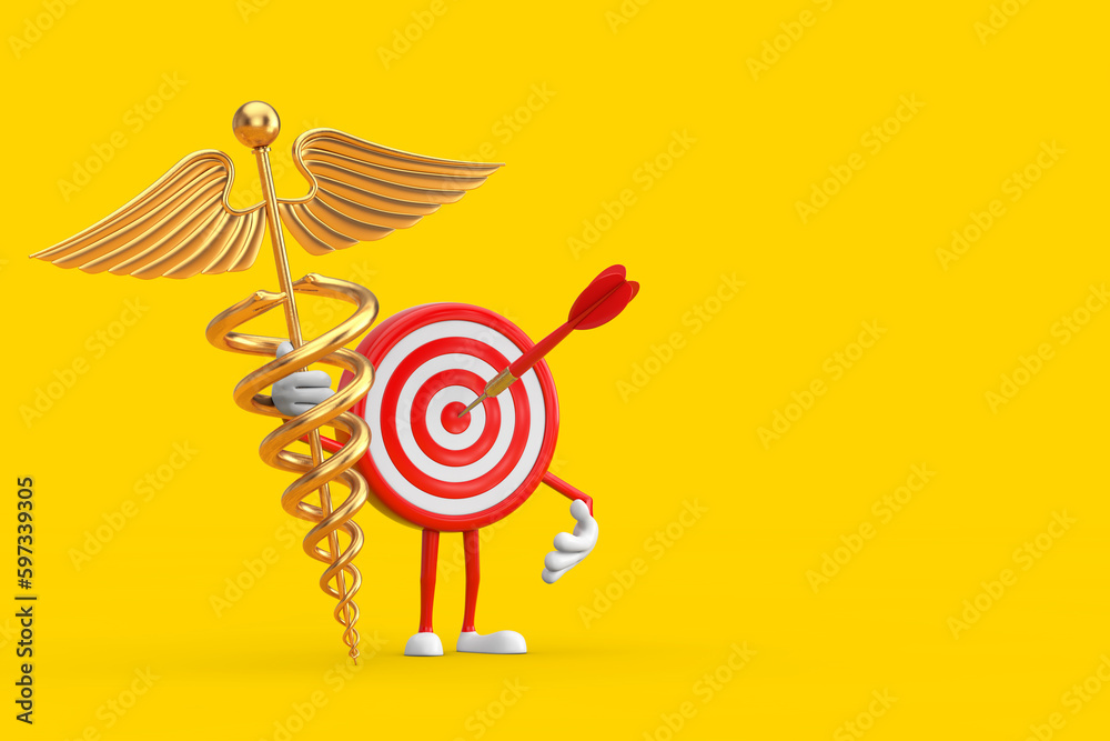 Aufkleber archery target and dart in center cartoon person character mascot with golden medical caduceus symbo