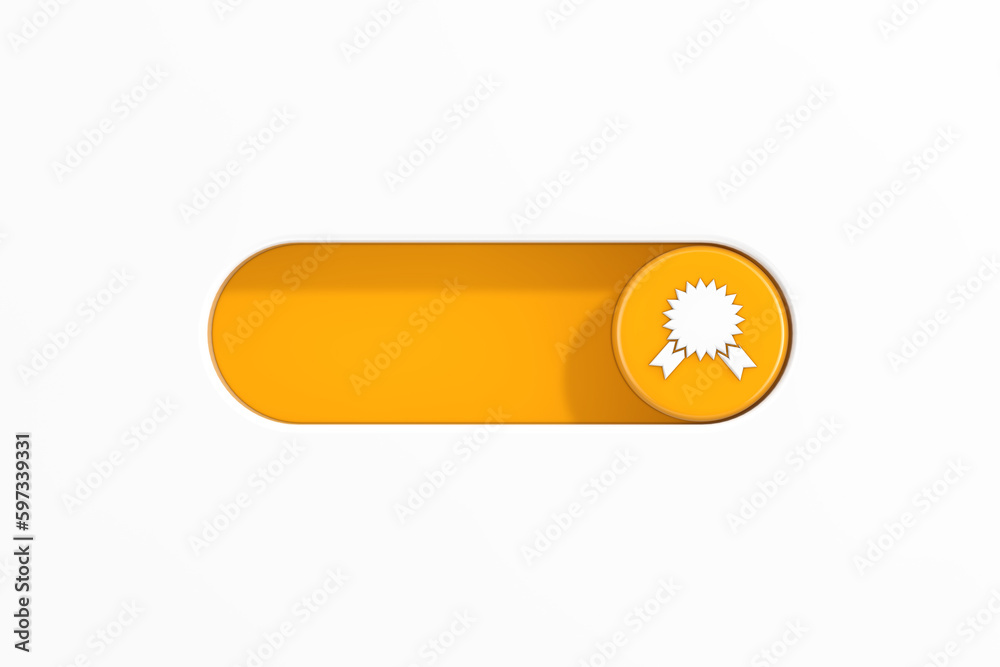 Poster Yellow Toggle Switch Slider with Award Medal Certified Badge Rosette Icon. 3d Rendering