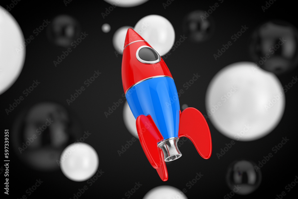 Poster startup concept. childs toy rocket. 3d rendering