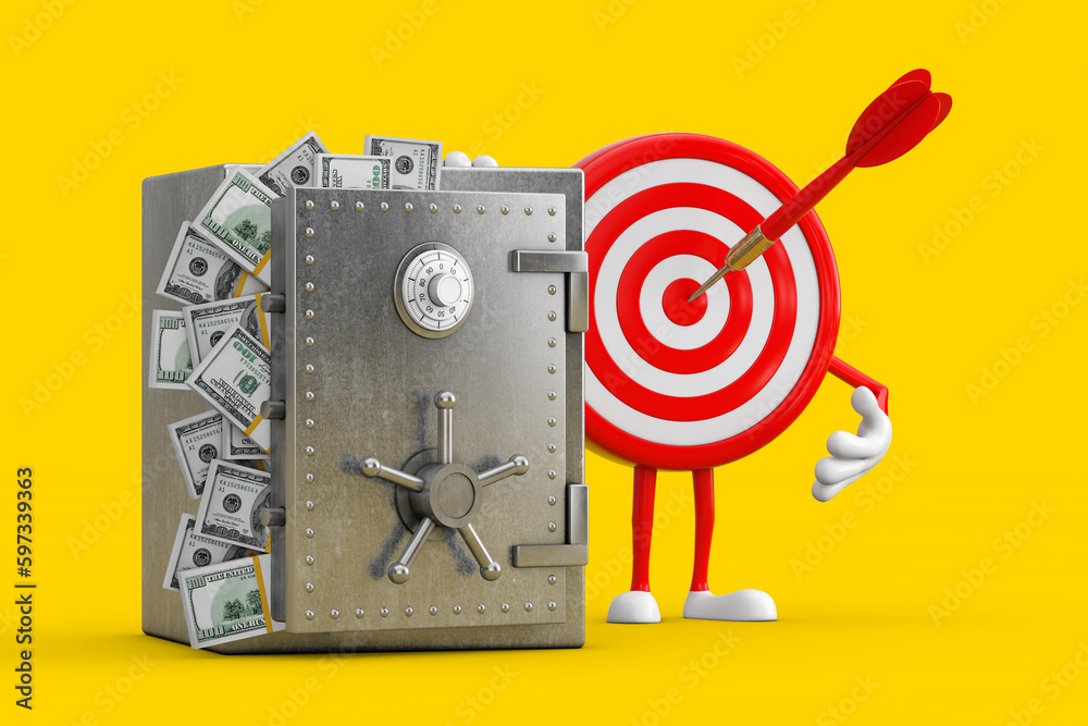Poster Archery Target and Dart in Center Cartoon Person Character Mascot with Vault or Safe Box Full of Dollar Bills. 3d Rendering