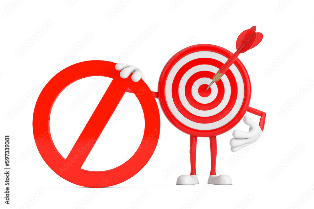 Aufkleber archery target and dart in center cartoon person character mascot with red prohibition or forbidden 