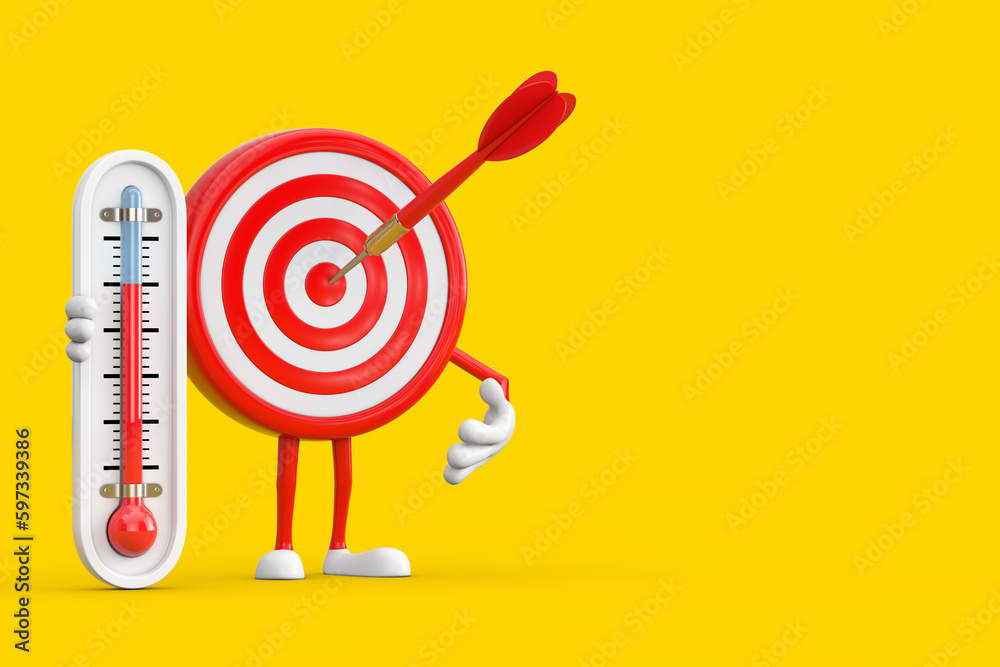 Fototapete archery target and dart in center cartoon person character mascot with outdoor thermometer. 3d rende