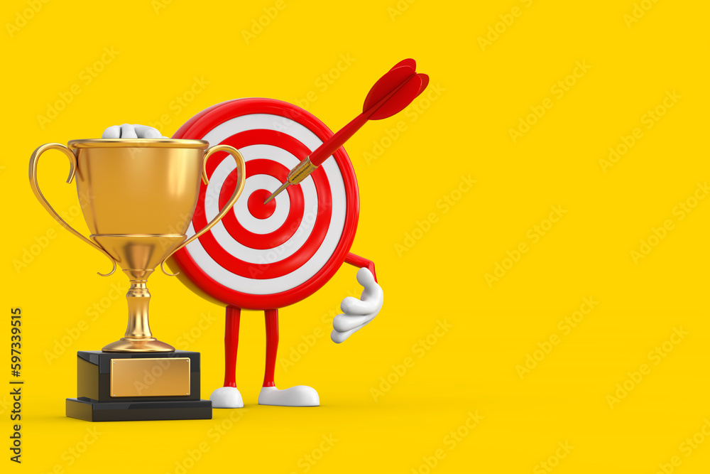 Aufkleber Archery Target and Dart in Center Cartoon Person Character Mascot with Golden Award Trophy. 3d Rendering
