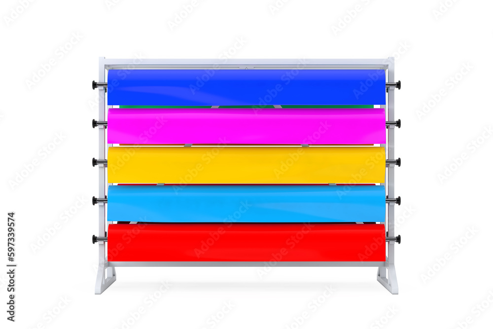 Poster multicolor pvc polythene plastic tape rolls or foil samples with shop display rack. 3d rendering