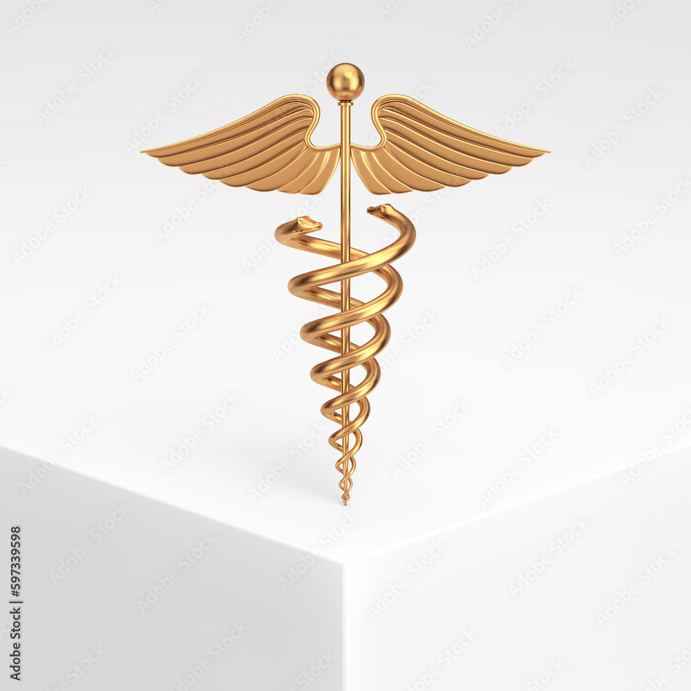 Aufkleber gold medical caduceus symbol on a white product presentation podium cube. 3d rendering