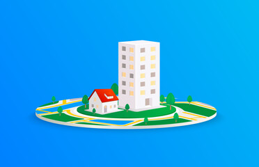 Real estate sale buying. Condominium and home on GPS map by location of embroidery in city center isolated on blue background. Property investment concept. For advertising. 3D Vector
