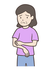 皮膚のかゆみで腕を掻く中年女性、おばさん