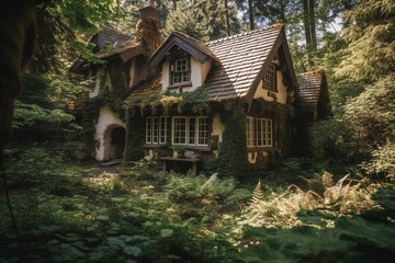 Fototapeta na wymiar A charming fairytale cottage nestled in a lush woodland. Generative AI