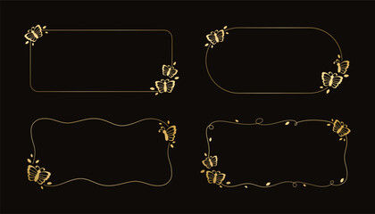 Gold frame with butterflies vector illustration. Abstract golden doodle border for spring summer elegant design elements