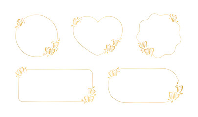 Gold butterfly frames vector illustration set. Abstract golden geometric border template for spring and summer. Simple elegant design element.