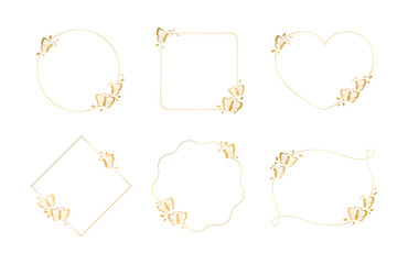 Gold butterfly frames vector illustration set. Abstract golden geometric border template for spring and summer. Simple elegant design element.