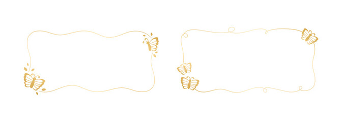 Rectangular gold frame with butterflies vector illustration. Abstract golden doodle border for spring summer elegant design elements