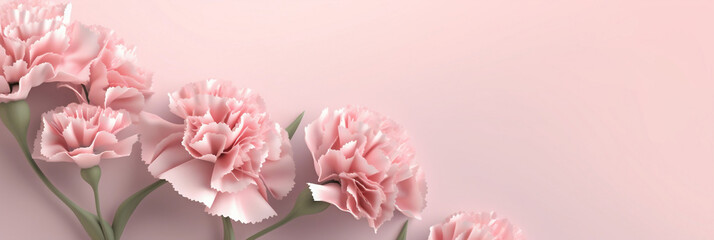 Carnation bouquet on pastel pink background, 3D illustration concept for Mother's Day holiday greetings card, Wide angle format banner, Generative AI