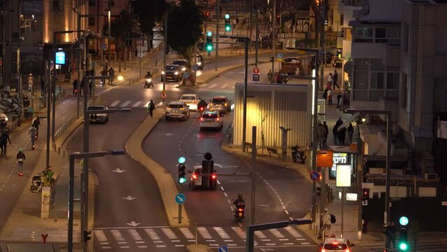 Motion Of Traffic In Tel Aviv City At Night In Israel. - wide