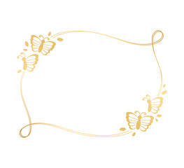 Gold frame with butterflies silhouette vector illustration. Abstract golden wedding invitation border for spring summer. Simple elegant design element.