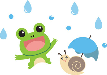 カエルとカタツムリの梅雨のイラスト