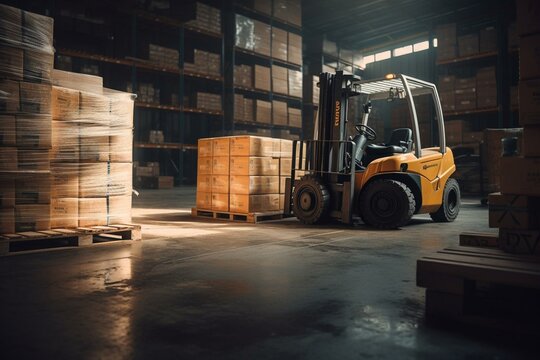 Forklift Unloads And Sorts Large Boxes In Warehouse. Generative AI