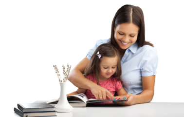 Beautiful young mom reading a book with her cute baby