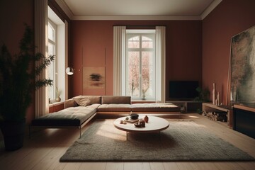 Minimalist living room with warm tones and high ceiling. Generative AI