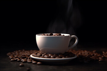 Cup of coffee and coffee beans on dark background, Generative AI